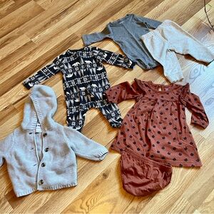 girls 3-6mos 6-piece bundle, dress, holiday footie, sweater, pants bodysuit